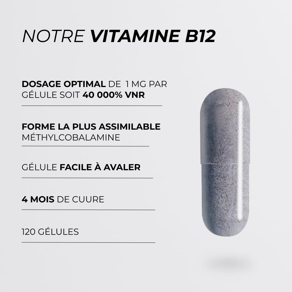 Vitamine B12 Vegan 1000 µg - CUURE - 120 Jours - Forme Méthylcobalamine Hautement Assimilable - Immunité, Anti-Fatigue & Système Nerveux - Fabriqué en France