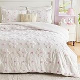 VIVILINEN Full Size Comforter Sets for Girls Floral Bedding Cute Comforter with Tufted Daisies Flowers, Lightweight Full Bed Set 3 Pieces for Kids Teen Girls Women, Purple