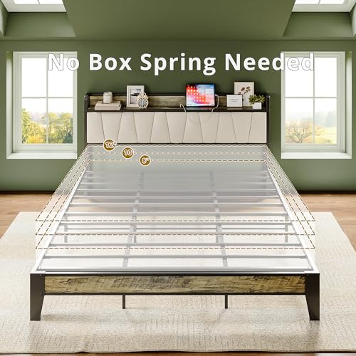 LIKIMIO California King Bed Frame, Storage Headboard with Charging Station, Solid and Stable, Noise Free, No Box Spring Needed, Easy Assembly (Walnut and Beige)