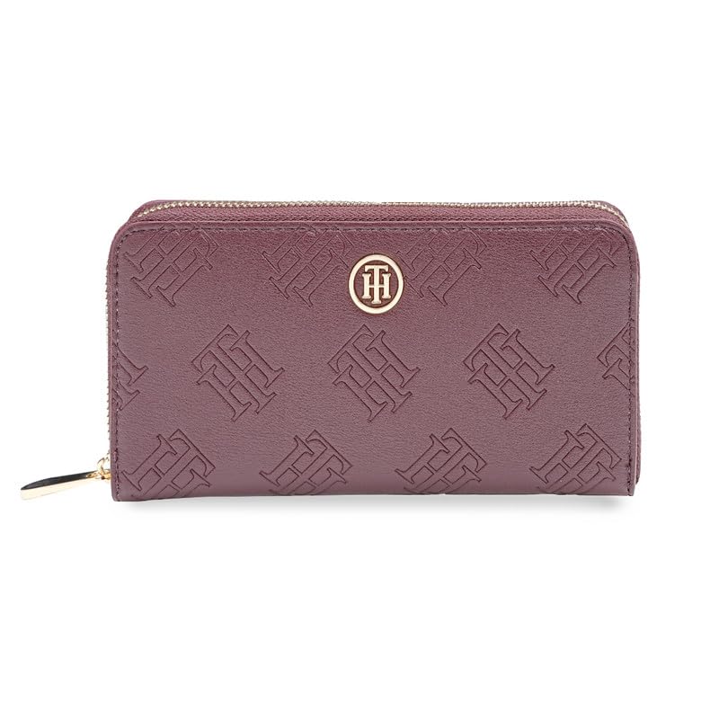 Image of Tommy Hilfiger Women's Zip Around Wallet Monique - Wine | Embossed Premium PU | | No. of Compartment - 3 | Stylish Clutch for Women