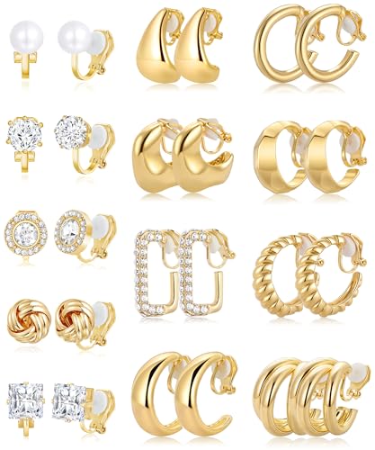 Wrlcorly 13 Pairs Clip on Earrings for Women 14K Gold Silver Plated Chunky Hoop Clip Earrings CZ Pearl Knot Twist Tube Waterdrop Croissant Non Pierced Hoop and Studs Fake Earring Jewelry Set