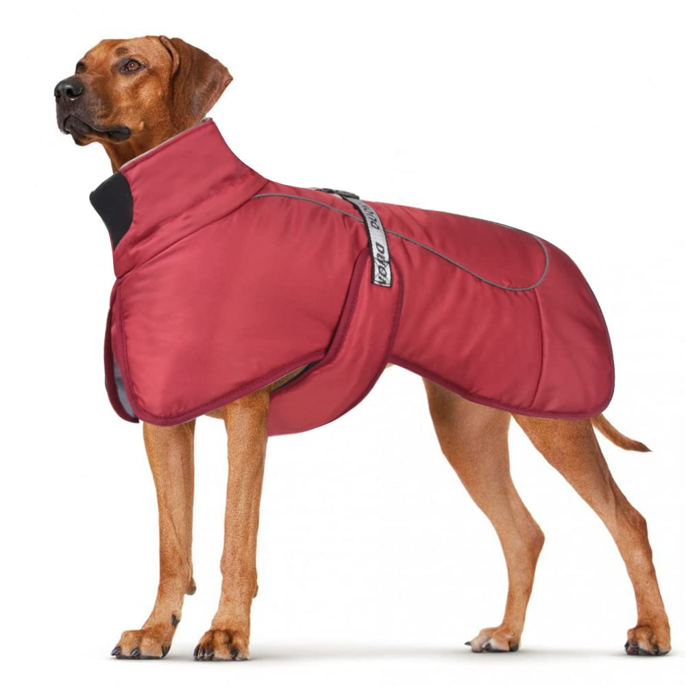 DoggieKit Dog Coats WaterProof Windproof Warm Winter Safe Threaded Reflective Strips Jacket for Medium Large Dogs with Harness Hole Puppy Pet Cold Weather Outfit Clothes Vest (Red