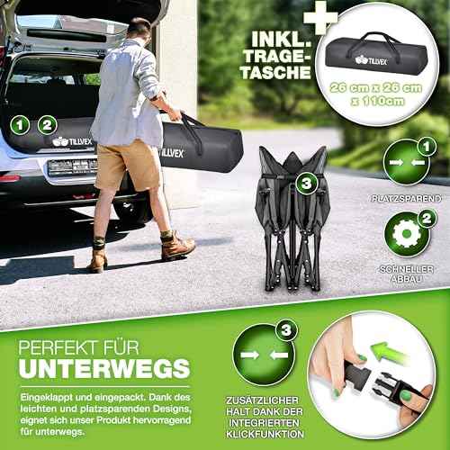 tillvex® Campingbett klappbar mit Tragetasche bis 280 kg | Campingliege extra breit | Feldbett Karpfenliege für Outdoor & Indoor | Klappbett Gästebett faltbar Garten Camping Angeln Festival Reise