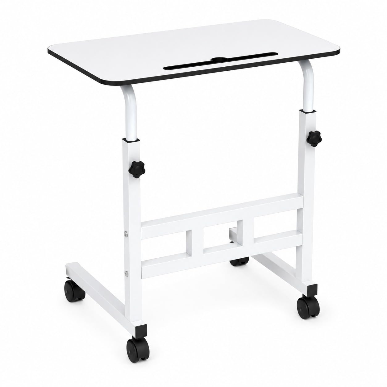amazon basics Adjustable Sofa Side Table with Wheels, 26-34 Inch, White | Portable Bedside Table with Wheels