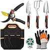 ESOW Garden Tool Set 7 PCS, Includes Cast-Aluminum Heavy Duty Hand Trowel, Transplant Trowel, Hand Rake, SK-5 Steel Gardening Scissor, Plant Tie, Bag & Gloves, Tool Kit Gifts