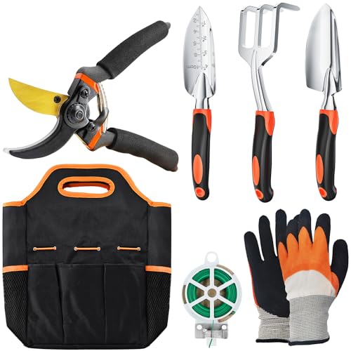 ESOW Garden Tool Set 7 PCS, Includes Cast-Aluminum Heavy Duty Hand Trowel, Transplant Trowel, Hand...