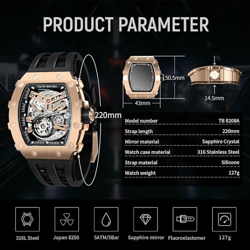Image of TSAR BOMBA Mens Luxury Watch Automatic Watches for Men 50M Waterproof Japanese Mechanical Movement Tonneau Stainless Steel Case Sapphire Glass Big Face Cool Unique Fashion Gift Men