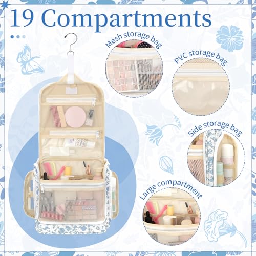 Eccliy Travel Toiletry Bag for Women Blue Floral Makeup Bag with Hook, Quilted Toiletry Organizer with 19 Compartments for Cosmetics Bathroom Shower Travel Accessories Essentials3