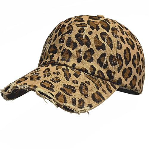 CLeemuziN Women-Men Scratch-Distressed-Brim Baseball-Hats Leopard-Print Trucker-Dad-Hat Sun-Protection Cotton-Golf-Cap (US Alpha Medium Camel-Scratch Brim)