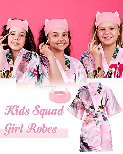 Jecery 5 Pack Kids Birthday Squad Girl Robes Silk Satin Spa Party Robes Flower Slumber Robes Diy Bathrobes With Headband For Party (Pink With Flower, 8) #TOP5
