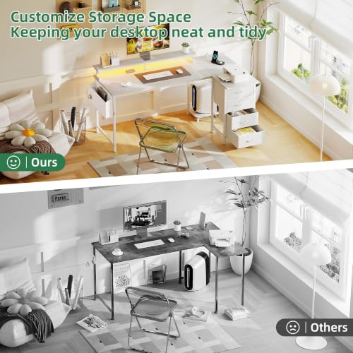 Image of VERMESS 63 inch Reversible L Shaped Gaming Computer Desk, Corner Desk with Power Outlets & Monitor Stand, Writing Study Table with 4 Storage Drawers, Desk with LED Lights, White