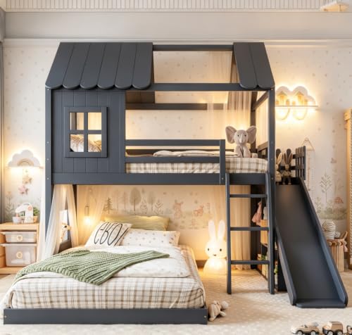 Image of Bellemave Bunk beds Twin Over Full with Slide,Ladders,Bookshelf and Wardrobe House roof Design, Low bunk /loft Bed for Kids,Blue