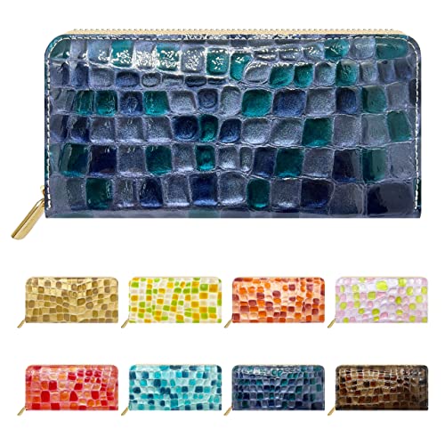 [leo&aoi] 長財布 本革 ラウンド型 財布 ラウンドファスナー サイフ さいふ ウォレット ロングウォレット カード収納 小銭入れ 革 牛革 レザー エナメル 上品なステンドグラス ネイビーのサムネイル