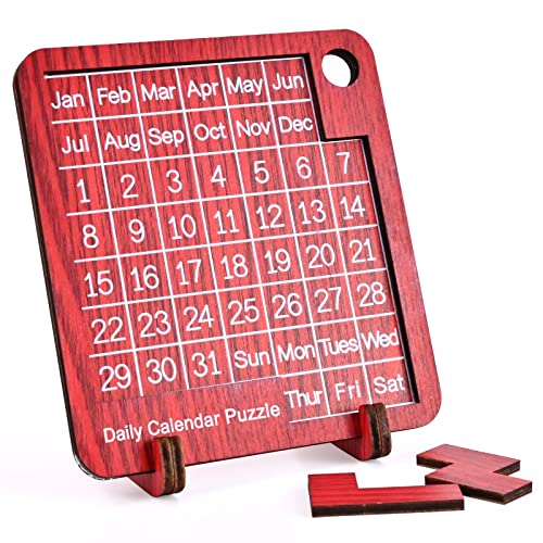 Image of Wooden Daily Puzzle Calendar - 365 Days Brain Burning Jigsaw Puzzle Desk Calendar for 2023 Advent Everyday Logic Challenges Fun Games (S-3.54 * 3.93 in, Red)