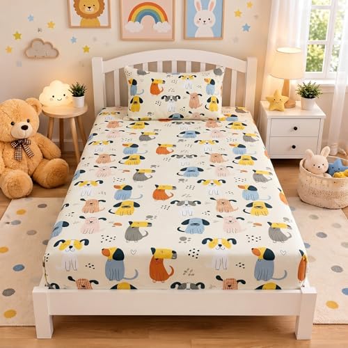 Image of HOMEKART 100% Cotton Kids Fitted Bedsheet with Pillow Cover, 220TC Soft Breathable Elastic Bedspread, Cute Animal Print, 72x36x8 Inch (Puupy Print Off White)