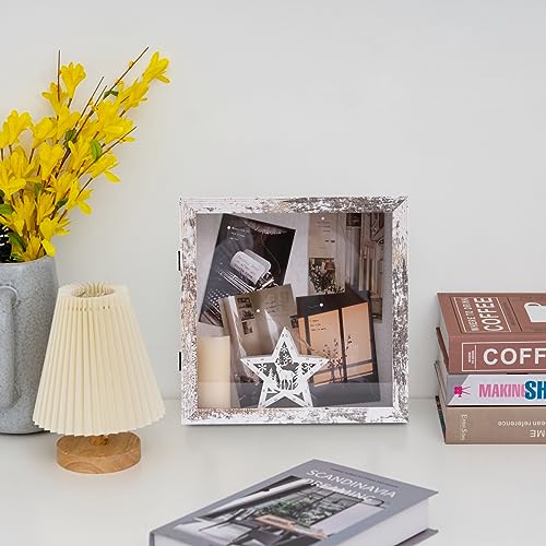 Image of Muzilife 11x11 Shadow Box Picture Frame - 2.16 inch Interior Deep Wood & Glass Square Display Case Ready to Hang Memory Box Baby Sports Memorabilia, Pins, Awards, Tickets, and Photos, Rustic White
