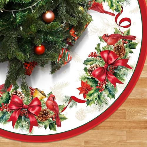 BlossomSound 48 Inch Christmas Cardinal Tree Skirt with Red Ribbon - Holly Branches Leaves Pattern - Xmas Tree Mat for Christmas Party Decoration