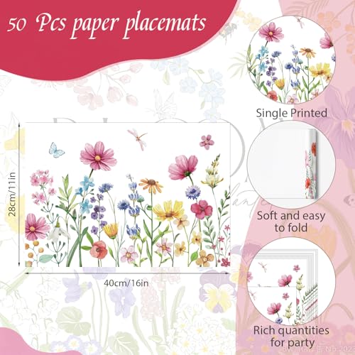 Dragonfly Floral Paper Placemats Disposable 50 Pack Watercolor Floral Placemats 16x 11 Inch Colored Flowers Butterfly Place Mats for Spring Summer Bridal Shower Wedding Birthday Party Supplies by HSDSH - Image 2