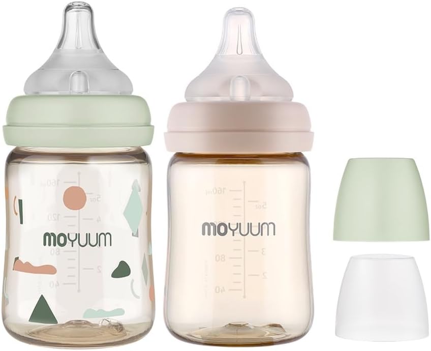 MOYUUM Anti-Colic All in One Baby Bottle Double Set for 0-6M PPSU Breastfeeding, Wide-Neck Non-Tip Stable Base, Easy to Clean Natural 170ml, 6oz, Stage 1 (Slow Flow)