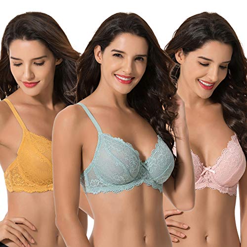 Curve Muse Semi-Sheer Balconette Underwire Lace Bra and Scalloped Hems (3 Pack)-SAGE,Gold,BLUSH-46C