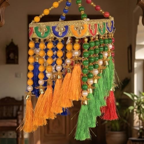 Image of Handmade Traditional Colorful Moti Jhumar Wall & Door Hanging - Artisanal Beaded Toran with Center Latkan Design, Bandarwal for Home Entrance, Festive Decoration, Pooja Room (Pack of 1)