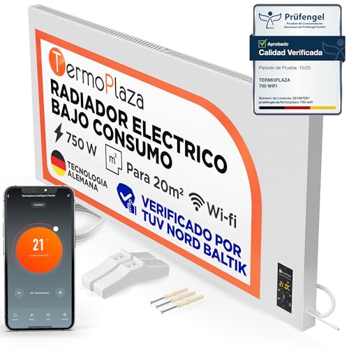 Termoplaza Radiador Electrico WiFi Bajo Consumo 750 Vatios hasta 20m2 | Infrarrojo Calefaccion - Convector Electrico Bajo Consumo - Blanco Calefactor Bajo Consumo Electricos Paneles Calefactores Pared
