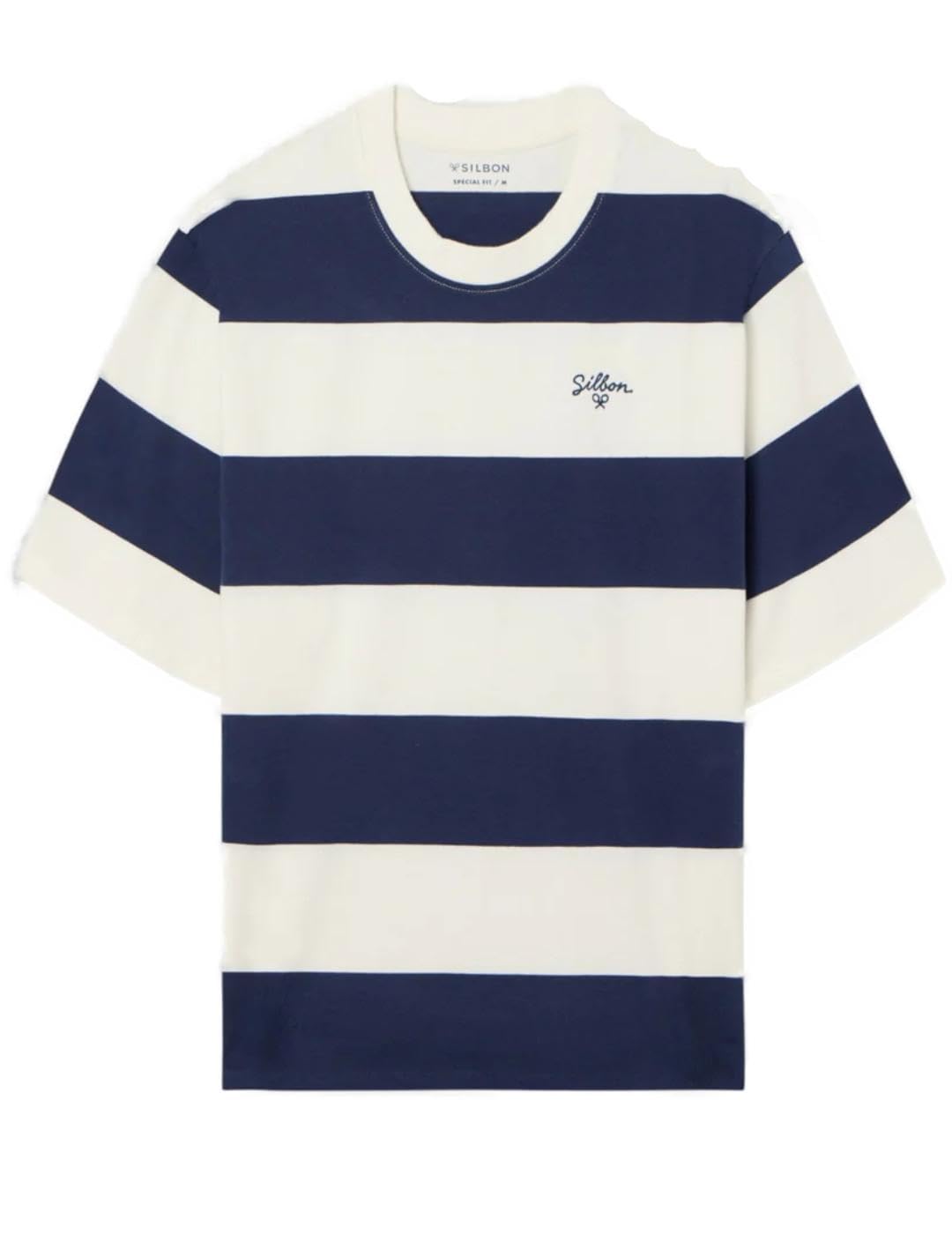 SILBON Maglietta Special Fit a Righe Larghe, Blu Navy, M-3XL