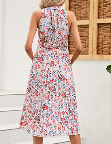 Kojooin Women's Maternity Sleeveless Halter Neck Summer Dress Boho Casual Smocked Pleated Midi Dress Baby Shower Photoshoot Burgundy Floral L #TOP5