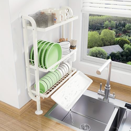 Image of Dish Rack for Worktop, 3-Tier Dish Drainer with Wall Support, No Drilling, Drip Tray & Suction Cups, Cream White.