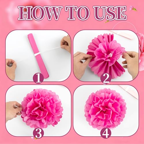 Image of Hot Pink Tissue Pom Poms Paper Flowers Hanging Decorations Pink Flower Ball for Mother's Day Baby Shower Wedding Nursery Birthday Party Backdrop Home Outdoor