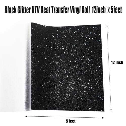 Image of Black Glitter Heat Transfer Vinyl Rolls Black Iron HTV Vinyl 12inch x 5feet Iron on Vinyl for T-Shirts DIY Design, Silhouette Cameo & Heat Press Machine Glitter HTV