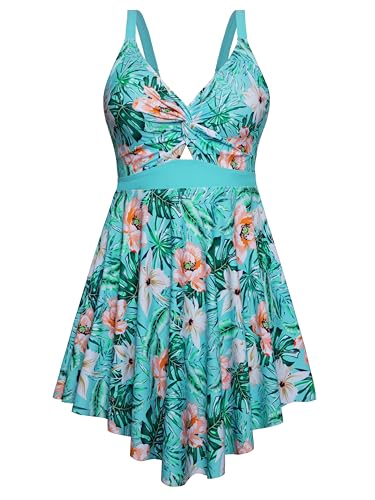 Arolina Women's Plus Size Swimsuits 2 Piece Retro Floral Print Swim Dress with High Waisted Boyshorts Aline Ladies Bathing Suit for Big Bust Swimwear Green Floral 20 Plus