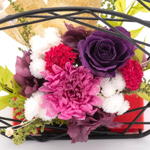 プリザーブドフラワー 花 誕生日 敬老の日 プレゼント 母の日 古稀 古希 喜寿 お祝い 結月 (紫 パープル) 「健康長寿」木札つき [FUN fun] [3]