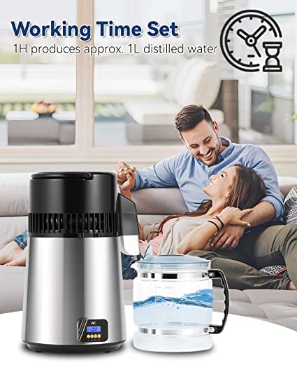Hanchen wasser destilliergerät Digitaler Wasserdestilliergerät 1L / H Destilliertes Wasser herstellen 750W Edelstahl Distilleranlage mit Glaskanne, zeitgesteuert Water Distillers