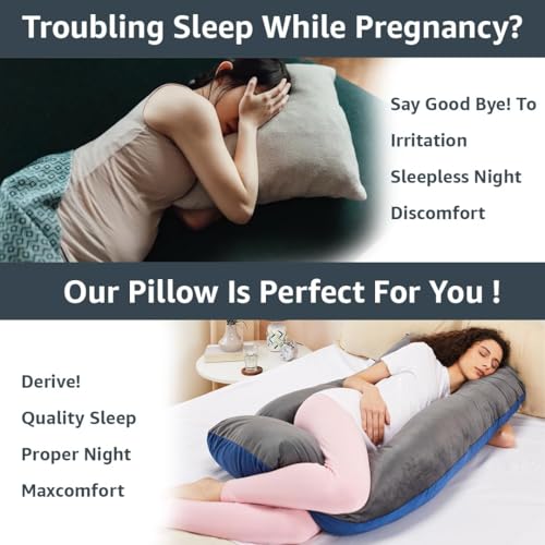Image of Amazon Basics Velvet Full Body Pregnancy Pillow for Maternity,Baby Nursing,Full Body Support|Perfect Baby Shower Gift|J-Shaped-Washable Cover with Zip-Blue & Grey