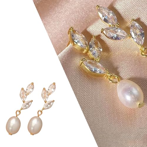 6 Pairs Dainty Pearl Earrings for Women,Gold Pearl Drop Stud Earrings,Bridesmaid Earring,Freshwater CZ Leaf Dangle Drop Earring,Elegant Oval PearlStuds for Wedding,Jewelry Gifts for Women2