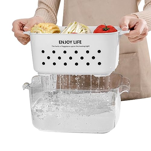 Cestello di scarico per verdure a doppio strato, scodella in plastica per colino per alimenti da cucina, set di ciotole per scolapasta di scarico 2 in 1, ciotola e colino multifunzione per lavare la c