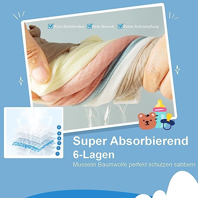 Ouqidillc Bib Baby Triangular Scarf Absorbent,6-Layer Muslin Neckerchief Baby with Adjustable Press Stud,Soft Baby Drool Bibs for Boys and Girls,Infants,Toddlers,Unisex,Pack of 6,multicoloured - Image 4
