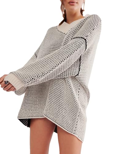 Image of D-Sun Women's Oversized Sweater V Neck Cable Knit Pullover Casual Elegant Ribbed Drop Shoulder Sweater Jumper White