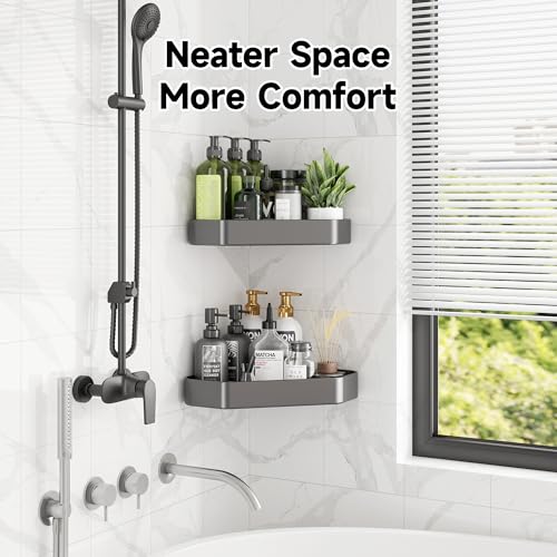 Image of Veken Aluminum Corner Shower Caddy 4-Pack, Never Rust&Large Capacity, Grey | No Drilling Shelves, Rack with Soap Holder&Towel Bar, Super-Strong Adhesive for High Load, Bathroom Organizers and Storage
