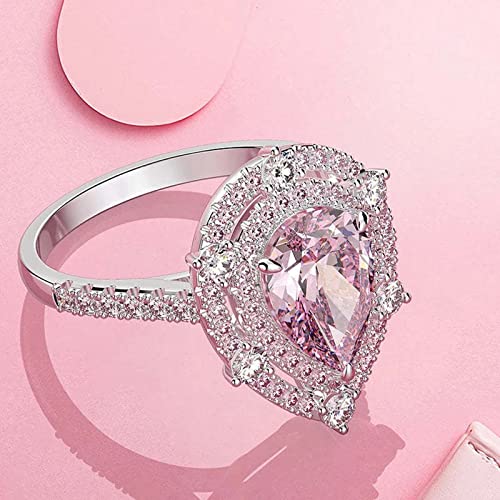 925 Sterling Silver Plated Pear Shaped Simulated Pink Topaz Halo Engagement Wedding Ring for Women3