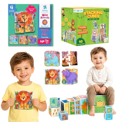 Image of PepPlay Toddler Learning Combo, Stacking and Nesting Cubes + Touch and Feel Wild Animal Puzzle, Montessori Educational Toys for 1 to 4 Year Old Kids, Travel, Early Learning Brain Development Gift Set