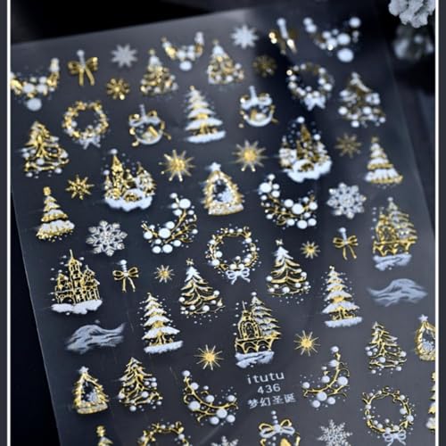 Image of Christmas Nail Art Stickers Xmas Tree Nail Decals Gold Nail Stickers for Nails Art Garland Snowflakes Nails Decals 5D Embossed Self Adhesive Nails Sticker for Women Manicure DIY Decoration Accessories