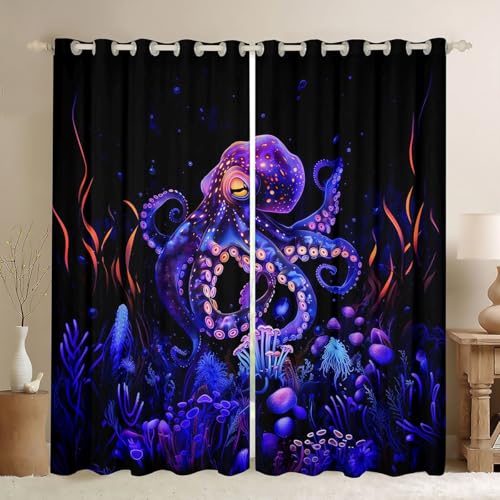 feelingyou Cortinas de ventana de pulpo luminosas, tamaño XXL misterioso mundo submarino sombra decoración del hogar Lovely Marine Life Lila Cortinas para ventana para niños