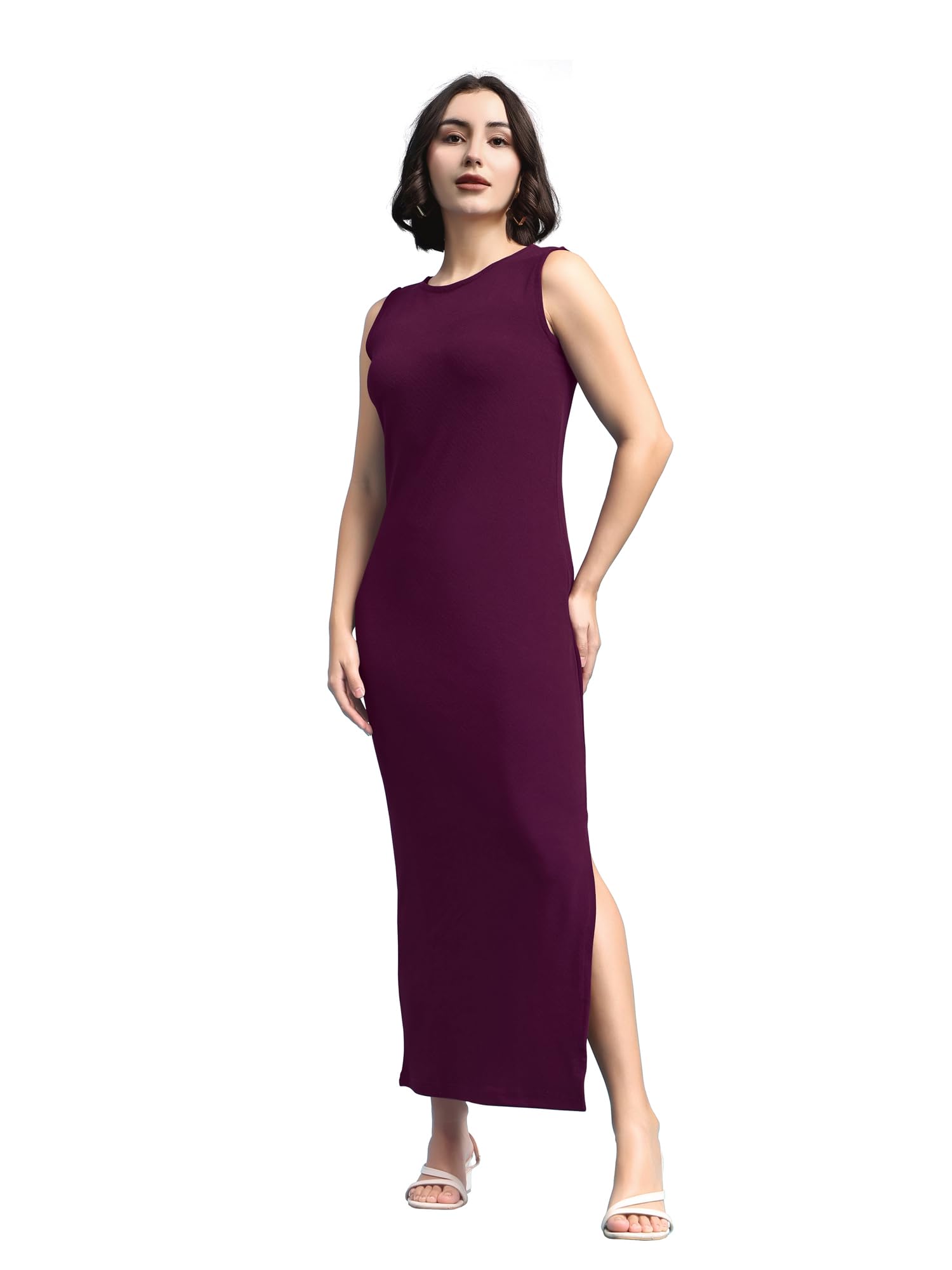 purvaja Women’s Bodycon Maxi Sleeveless Round Neck Solid Dress-picture-27