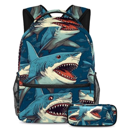 Sac à dos requin 2 pièces de grande capacité avec trousse scolaire pour les adolescents
