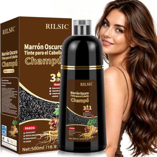 Champú Tinte Castaño Oscuro Cubre Canas, 500ML Hair Dye Shampoo 3 en 1, Champu Tinte Canas Mujer Hombre, Champú de Color Tinte Pelo, Pelo instantáneo, Cubre Canas En Minutos para Mujer Hombre