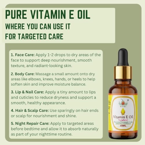 Image of KUNJ Vitamin E Oil 30ml - 100% Pure & Natural, Non-Sticky & Lightweight Therapeutic Grade Oil for Face Serum, Brightening, Anti-Aging, Hair & Nail Care, DIY Beauty Blends