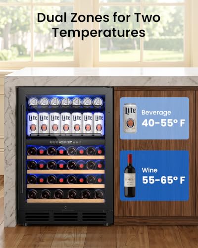Image of 24 Inch Dual Zone Wine Fridge and Beverage Refrigerator, 63 Cans & 30 Bottles, Built-in Freestanding Under Counter Wine Cooler, UV Glass Door, Quiet Cooling, Lock, for Home Bar Office, Black