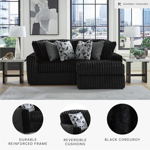 Image of Signature Design by Ashley 2-Piece L-Shaped Sectional Couch, Black | 100% polyester jumbo corduroy, Right-arm facing chaise, Living room use, 6 accent pillows included, Midnight-Madness Series